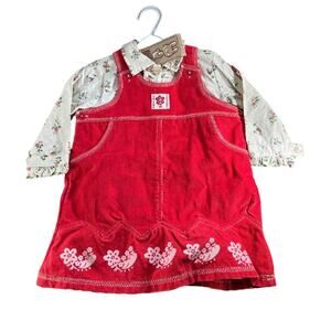 Creme Caramel Corduroy Jumper & Ruffle Front Floral Blouse Outfit sz 24 mos